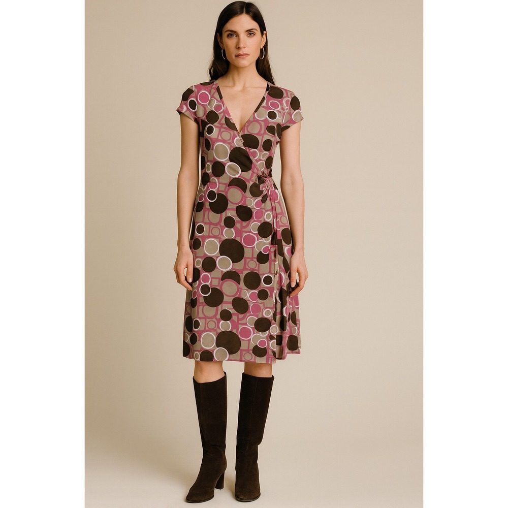 Vintage Women's Babydoll Midi Dress 8‎ Brown Pink Geometric 90's Cottagecore Y2K